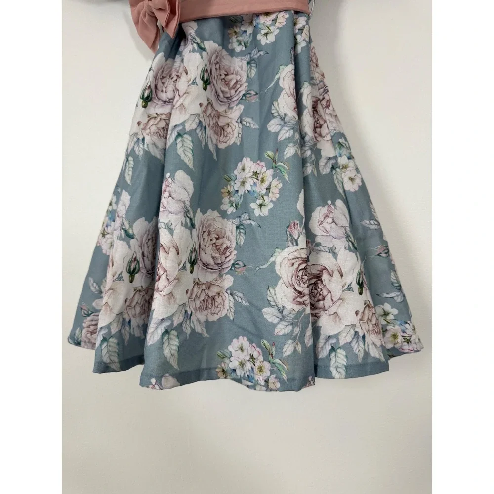 Peppermint Floral Dress Kids‎ Size 6-7Y Blue Pink Vintage Puff Sleeve Bow Sash